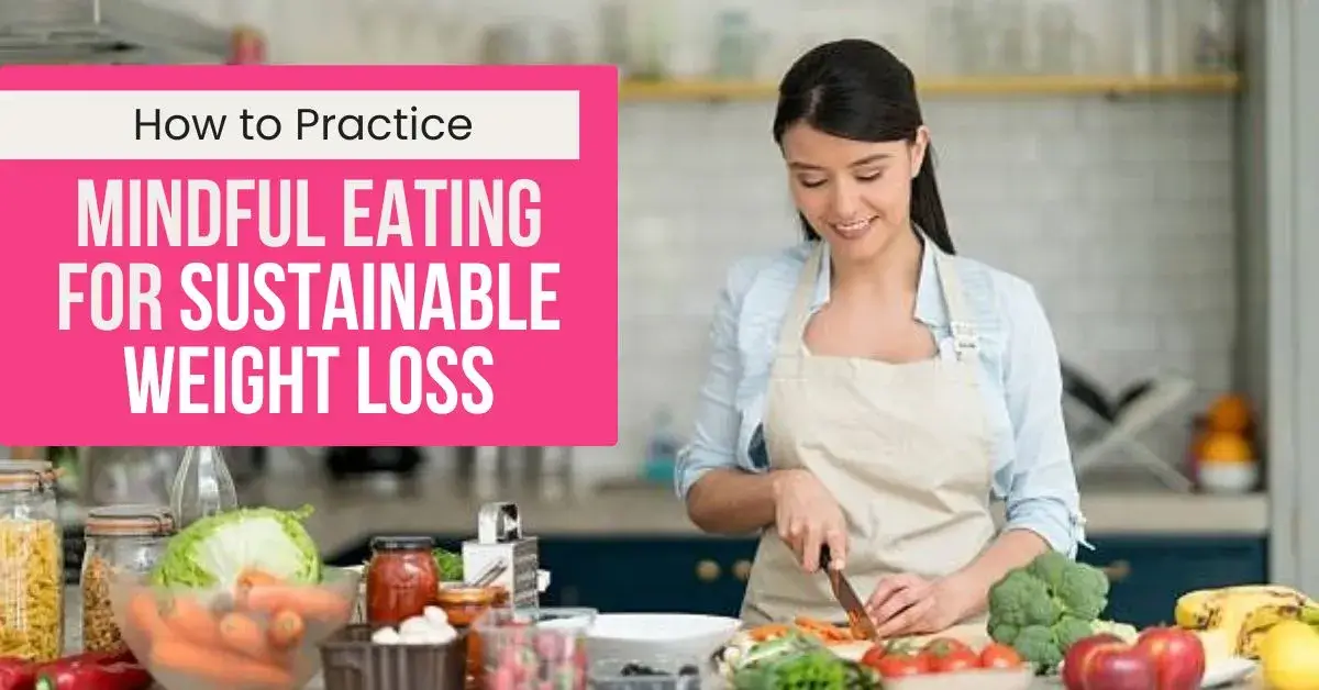 A woman practicing mindful eating by preparing fresh vegetables for a healthy and sustainable weight loss meal.