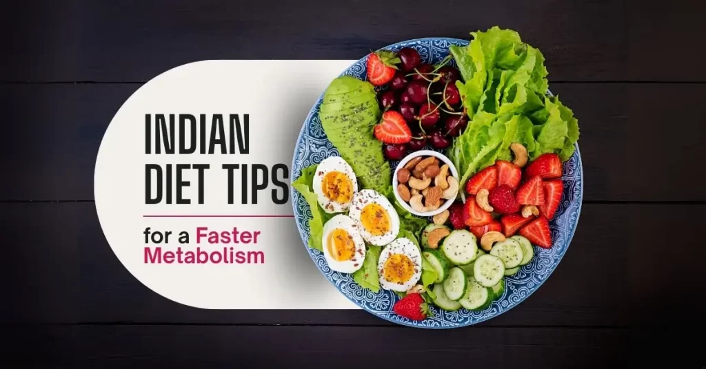 Assortment of Indian foods and spices that boost metabolism, including lentils, millets, green tea, turmeric, and fresh vegetables