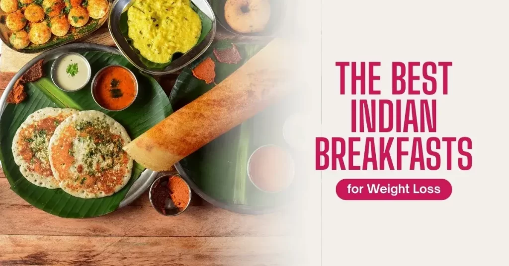 Healthy Indian breakfast for weight loss with dosa, idli, chutney, and poha served on banana leaves.