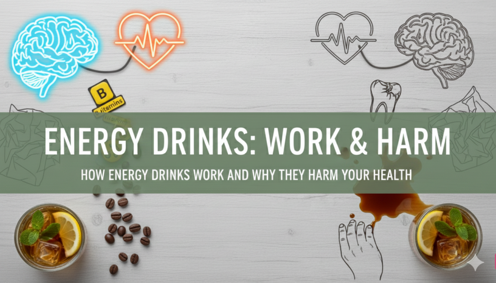 Blog banner titled "ENERGY DRINKS: WORK & HARM" with a subtitle "HOW ENERGY DRINKS WORK AND WHY THEY HARM YOUR HEALTH". The image is divided, showing a neon blue brain and heart on the left (work/benefits) and a sketched-out, less healthy looking brain, heart, and tooth on the right (harm/risks). The background is light wood grain and includes coffee beans, B vitamins, and two glasses of iced tea.