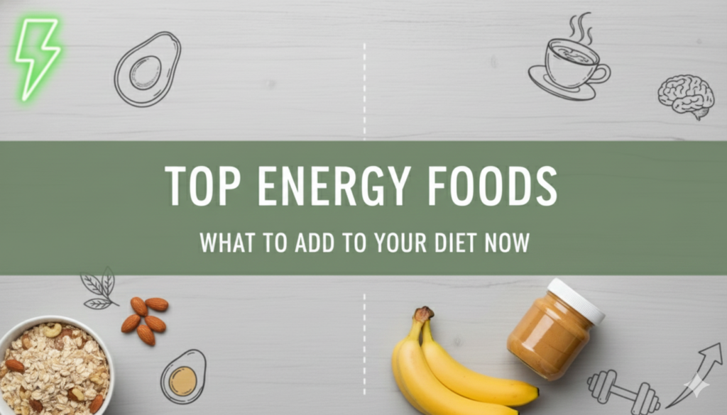 A health-focused blog header titled 'TOP ENERGY FOODS - WHAT TO ADD TO YOUR DIET NOW' on a green horizontal banner. The background is a light wood texture featuring high-energy food photography like nuts, oats, and bananas, mixed with hand-drawn lifestyle icons like a lightning bolt, a running figure, and a heart.