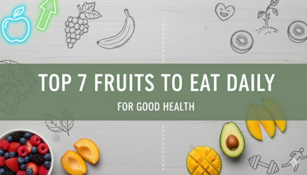 A flat-lay blog header titled 'TOP 7 FRUITS TO EAT DAILY FOR GOOD HEALTH' on a sage green banner. The background is a light grey wood texture featuring a mix of real fruit photos—including a bowl of berries, sliced peaches, mango, and avocado—and playful hand-drawn fruit sketches with health-related icons like a heart and a dumbbell.