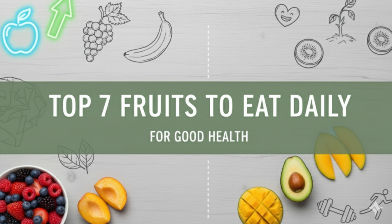A flat-lay blog header titled 'TOP 7 FRUITS TO EAT DAILY FOR GOOD HEALTH' on a sage green banner. The background is a light grey wood texture featuring a mix of real fruit photos—including a bowl of berries, sliced peaches, mango, and avocado—and playful hand-drawn fruit sketches with health-related icons like a heart and a dumbbell.