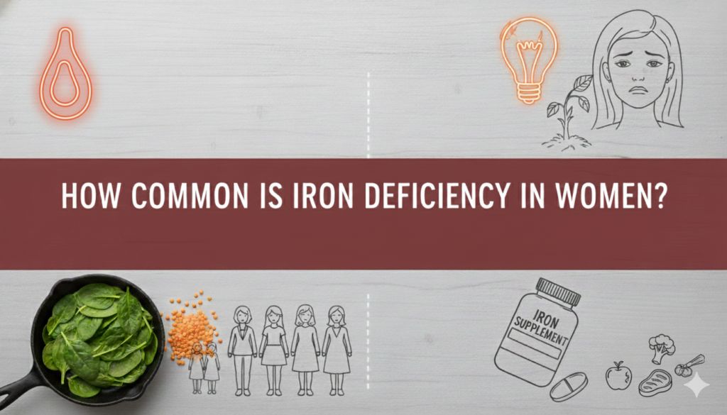 A horizontal blog banner with a clean, light-colored background. In the center, there is a red band with white text that reads 'HOW COMMON IS IRON DEFICIENCY IN WOMEN?'. The surrounding space is decorated with minimalist line-art icons related to health and iron, such as red blood cells, a leafy green vegetable (spinach), a fish, and subtle medical symbols. The design is airy and professional, with all elements spaced evenly across the frame."