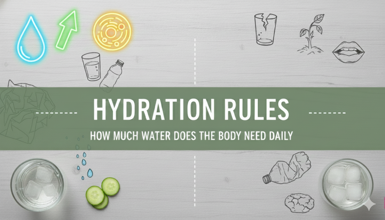 A horizontal blog banner with a sage green center band featuring the text 'HYDRATION RULES: HOW MUCH WATER DOES THE BODY NEED DAILY.' The background is a light wood texture decorated with hand-drawn doodles of water bottles, droplets, and plants. In the bottom corners are two top-down views of refreshing glasses of water with ice, sitting next to fresh cucumber slices."
