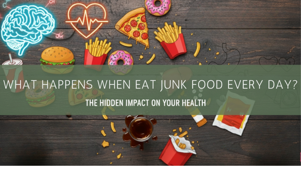 Blog banner on a dark wooden background with the title "WHAT HAPPENS WHEN YOU EAT JUNK FOOD EVERY DAY? THE HIDDEN IMPACT ON YOUR HEALTH." The image is decorated with cartoon drawings of junk food like pizza, french fries, hamburgers, and donuts, alongside line art showing a glowing neon brain and heart connected to sketched organs (like the stomach and heart) representing the impact of the diet.