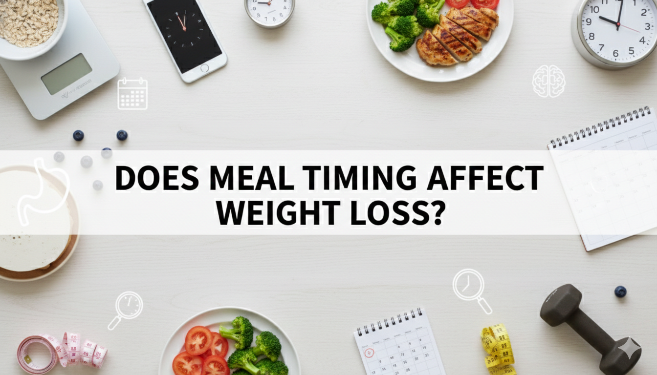 An overhead flat lay on a light wood-textured surface featuring elements related to fitness and schedule-based eating, including plates of healthy chicken and vegetables, a kitchen scale, a dumbbell, a measuring tape, and various clocks and notebooks. A clean white horizontal banner across the center contains the bold black text: "DOES MEAL TIMING AFFECT WEIGHT LOSS?" The composition is accented with minimalist white line icons of a stomach, a brain, a calendar, and a clock.