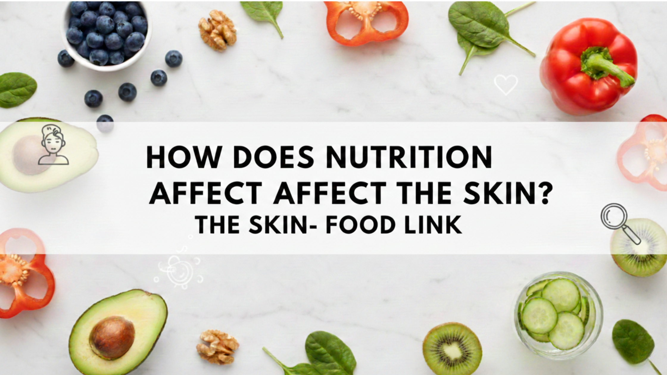 An educational landscape infographic titled "HOW DOES NUTRITION THE SKIN? THE SKIN-FOOD LINK" illustrating the connection between diet and skin health. The left side features a blue-tinted background with fresh raspberries, sliced kiwis, ginger, and green juice, while the right side has a warm golden glow with a silhouette of a person in a yoga pose and icons representing the heart and brain. A central white arrow labeled "NUTRITION" links the two halves, emphasizing how dietary choices impact physical wellness and skin appearance.