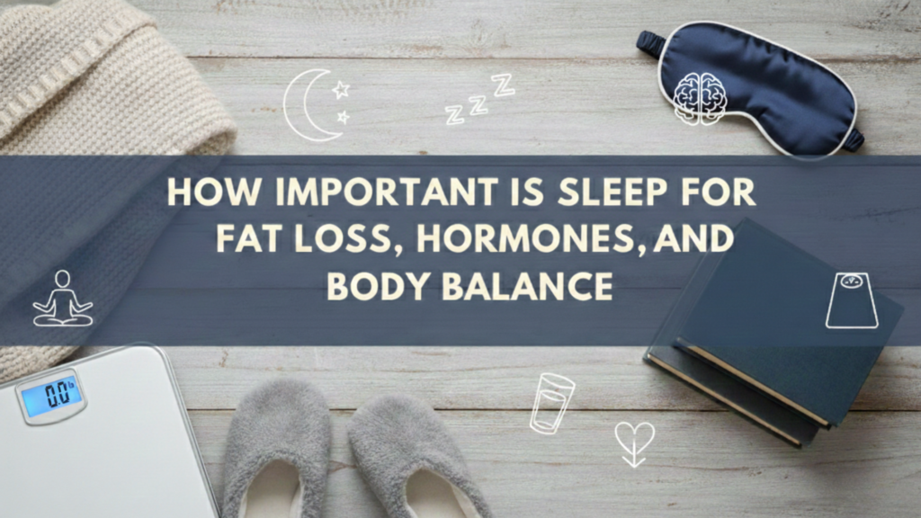 An overhead shot of various items laid out on a light wood-paneled surface, including a white digital bathroom scale, gray slippers, a folded knit blanket, an eye mask, and a stack of books. Across the center is a dark blue translucent banner with the white text: "HOW IMPORTANT IS SLEEP FOR FAT LOSS, HORMONES, AND BODY BALANCE." Small white line icons representing health—such as a brain, a heart, a glass of water, a person in a yoga pose, and a moon with stars, are scattered around the composition.