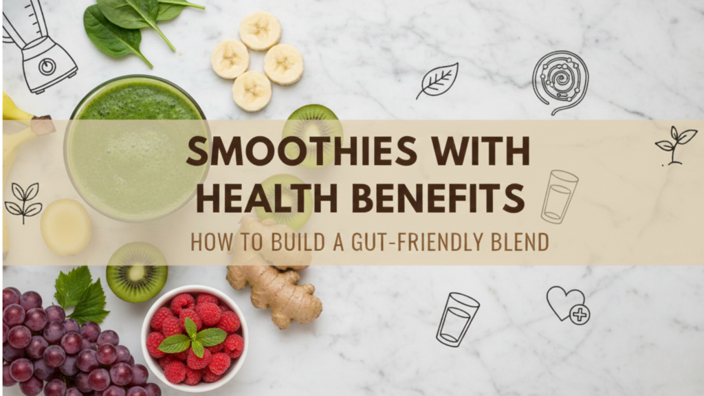 A horizontal blog header image with a rustic dark wood background. A wide, light beige banner across the center displays the title "SMOOTHIES WITH HEALTH BENEFITS" in bold, dark brown capital letters, followed by the subtitle "HOW TO BUILD A GUT-FRIENDLY BLEND." The background is decorated with minimalist black-line sketches of fruit, a brain icon, and a heart. In the foreground, a vibrant green smoothie in a glass sits alongside fresh ingredients like spinach leaves and berries, replacing the previous nut-themed imagery. The overall composition is clean, with balanced white space for a professional look.