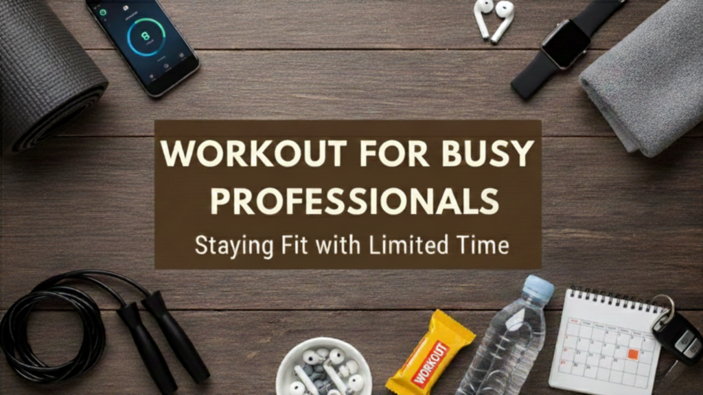 A flat-lay image on a dark wooden desk featuring fitness gear like a jump rope, yoga mat, water bottle, and smartwatch. A central brown text box reads 'WORKOUT FOR BUSY PROFESSIONALS – Staying Fit with Limited Time'.