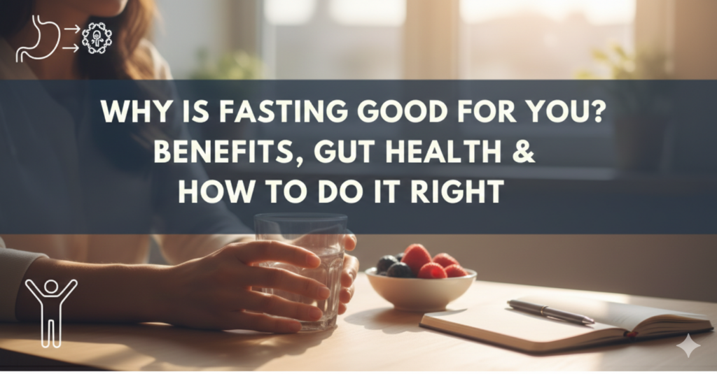 A serene, lifestyle-themed blog header featuring a person sitting at a sunlit wooden table. In the foreground, hands are resting near a glass of clear water, a small bowl of fresh berries, and an open notebook with a pen, suggesting mindful planning. A dark, semi-transparent horizontal banner spans the center with the white text: "WHY IS FASTING GOOD FOR YOU? BENEFITS, GUT HEALTH & HOW TO DO IT RIGHT." The image includes white line-art icons in the corners: a stomach/digestive icon at the top left and a wellness/figure icon at the bottom left.