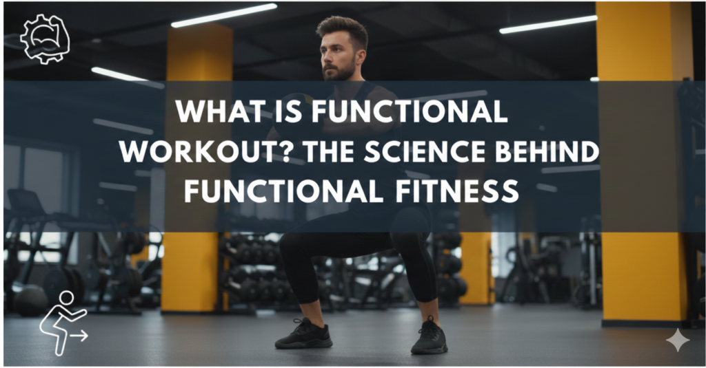 A high-quality blog banner titled "WHAT IS FUNCTIONAL WORKOUT? THE SCIENCE BEHIND FUNCTIONAL FITNESS" in bold white text. The background features a man in a modern gym performing a goblet squat with a medicine ball. The color scheme is a professional mix of dark charcoal and vibrant yellow. In the corners, simple white line-art icons represent a mechanical gear with a flexed bicep and a person performing a squatting movement.