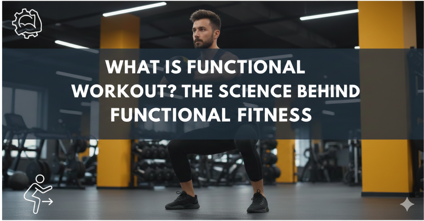 A high-quality blog banner titled "WHAT IS FUNCTIONAL WORKOUT? THE SCIENCE BEHIND FUNCTIONAL FITNESS" in bold white text. The background features a man in a modern gym performing a goblet squat with a medicine ball. The color scheme is a professional mix of dark charcoal and vibrant yellow. In the corners, simple white line-art icons represent a mechanical gear with a flexed bicep and a person performing a squatting movement.