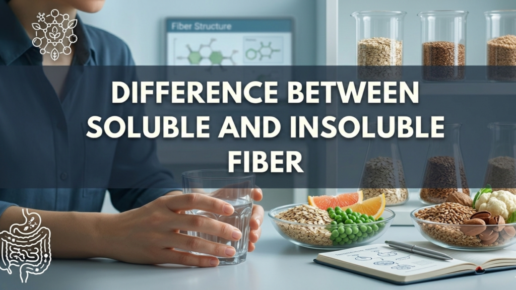 A man sits at a desk with fiber-rich foods like peas, citrus, and nuts. A dark central banner reads: "DIFFERENCE BETWEEN SOLUBLE AND INSOLUBLE FIBER" in bold white text. The background features a clean, professional lab-style aesthetic with muted blue and teal tones.