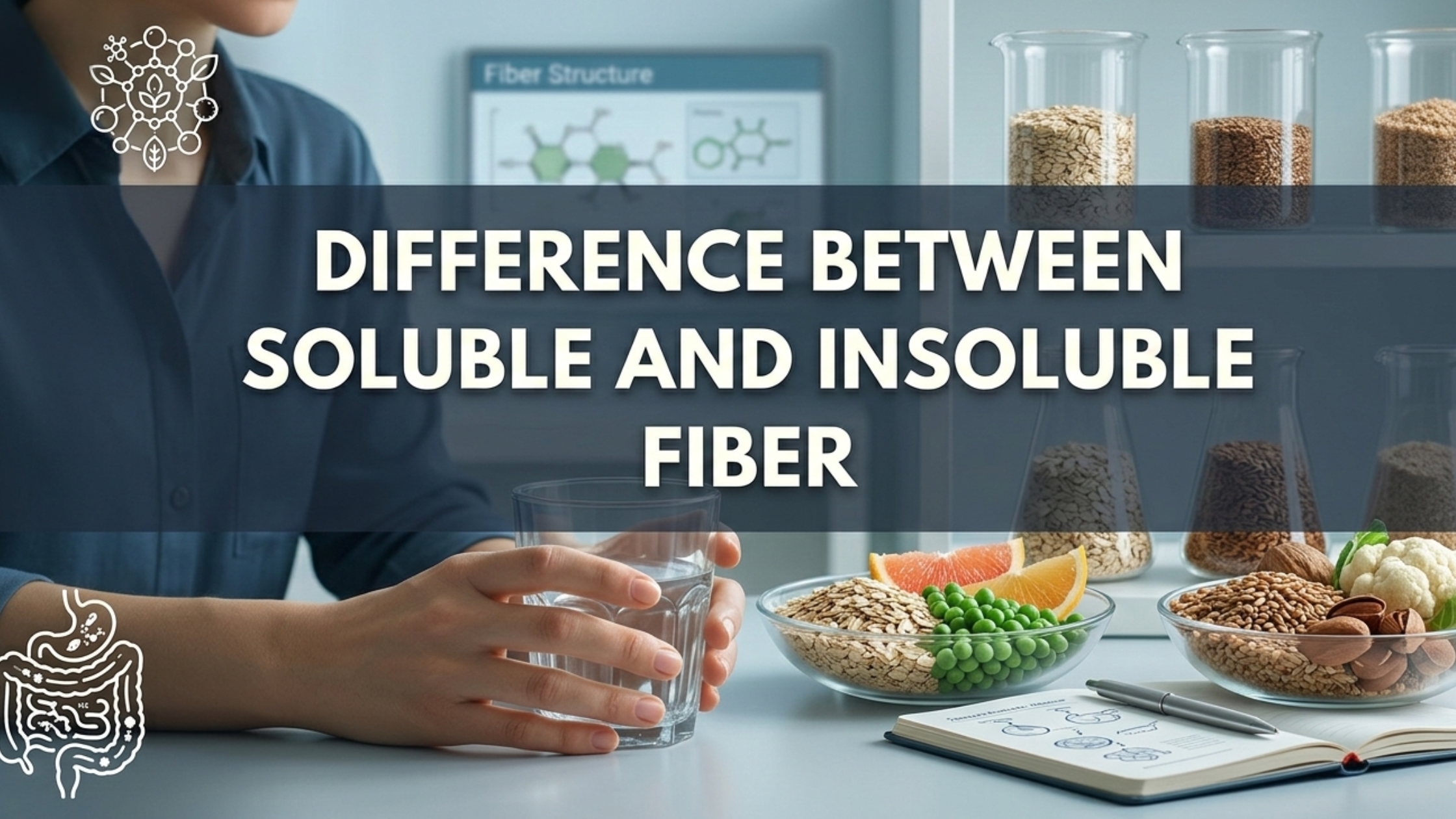 A man sits at a desk with fiber-rich foods like peas, citrus, and nuts. A dark central banner reads: "DIFFERENCE BETWEEN SOLUBLE AND INSOLUBLE FIBER" in bold white text. The background features a clean, professional lab-style aesthetic with muted blue and teal tones.