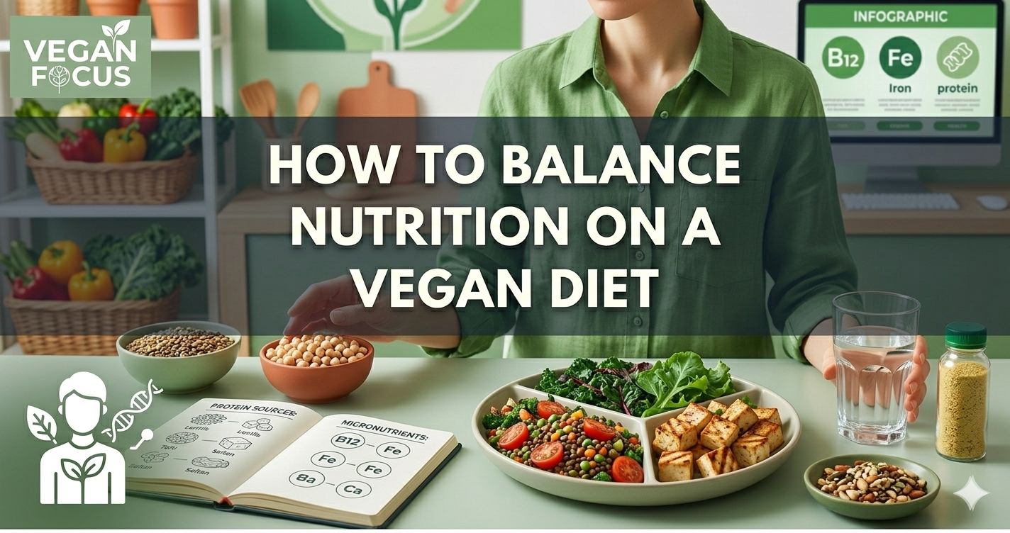 Gemini said A person sits at a table with a balanced meal of grilled tofu, lentils, and greens. A dark central banner reads: "HOW TO BALANCE NUTRITION ON A VEGAN DIET" in bold white text. The background features a clean, earthy green and beige color scheme with icons for plant-based nutrition and micronutrients like B12 and Iron.