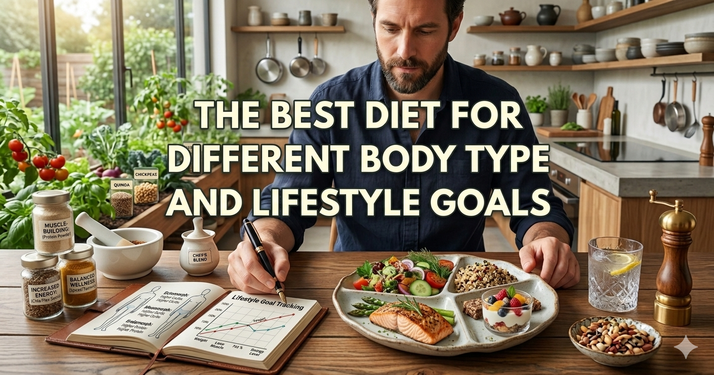 A realistic blog header image featuring a man in a navy blue shirt sitting at a wooden table in a sunlit, modern kitchen with an indoor garden. In the center, large cream-colored text reads, "THE BEST DIET FOR DIFFERENT BODY TYPES AND LIFESTYLE GOALS." On the table, there is an open notebook showing "Lifestyle Goal Tracking" charts and body type diagrams, a divided plate containing grilled salmon, quinoa, a fresh salad, and a yogurt parfait, and glass jars labeled with goals like "Muscle Building" and "Increased Energy."