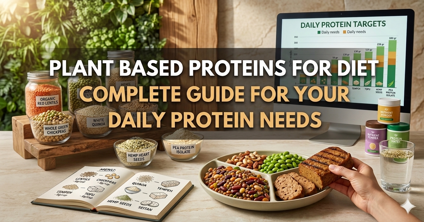 A high-quality blog banner focused on plant-based nutrition. The central text reads "PLANT BASED PROTEINS FOR DIET – COMPLETE GUIDE FOR YOUR DAILY PROTEIN NEEDS" in bold white and yellow lettering. The scene is a bright, warm kitchen featuring various protein sources: jars of red lentils, chickpeas, and quinoa; bowls of hemp seeds and pea protein powder; and a divided plate with a mix of beans, edamame, and grilled seitan. In the background, a computer monitor displays a "Daily Protein Targets" infographic with bar charts. On the wooden table, an open illustrated journal labeled "MENU" shows sketches of lentils, tofu, and tempeh