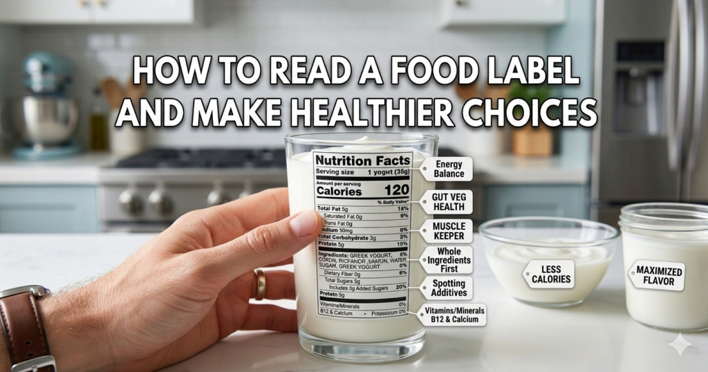 A realistic blog header image set in a bright, modern kitchen. A person's hand is shown holding a clear glass filled with Greek yogurt, which has a detailed "Nutrition Facts" label superimposed on the side. To the right of the glass, several callout bubbles point to specific parts of the label with text like "Energy Balance," "Whole Ingredients First," and "Spotting Additives." In the background, there are small bowls of yogurt on a white countertop and a blurred stove. The main title in bold, white-and-black outlined text reads: "HOW TO READ A FOOD LABEL AND MAKE HEALTHIER CHOICES."