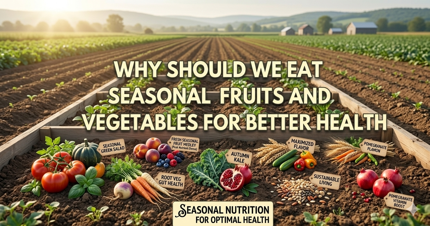 A realistic and clean blog header image set in a sun-drenched farm field with rows of growing crops extending into the background. In the foreground, clusters of fresh, seasonal produce like vine-ripened tomatoes, carrots, pomegranates, kale, and peppers are neatly arranged directly on the dark soil. Small, rustic wooden tags are placed next to the food with labels like "Sustainable Living" and "Seasonal Green Salad." Centered in large, cream-colored bold text is the title: "WHY SHOULD WE EAT SEASONAL FRUITS AND VEGETABLES FOR BETTER HEALTH."