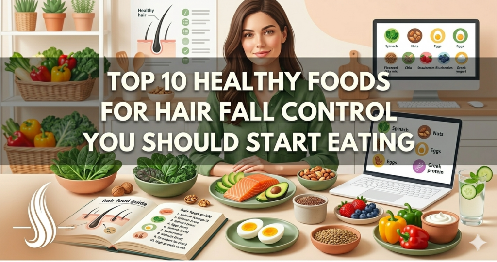 A person with healthy, flowing hair sits at a desk surrounded by hair-friendly foods like salmon, eggs, nuts, spinach, and berries. A dark central banner reads: "TOP 10 HEALTHY FOODS FOR HAIR FALL CONTROL YOU SHOULD START EATING" in bold white text. The background uses a warm peach and soft green color scheme, featuring educational diagrams of hair follicles and a "Hair Food Guide" notebook.