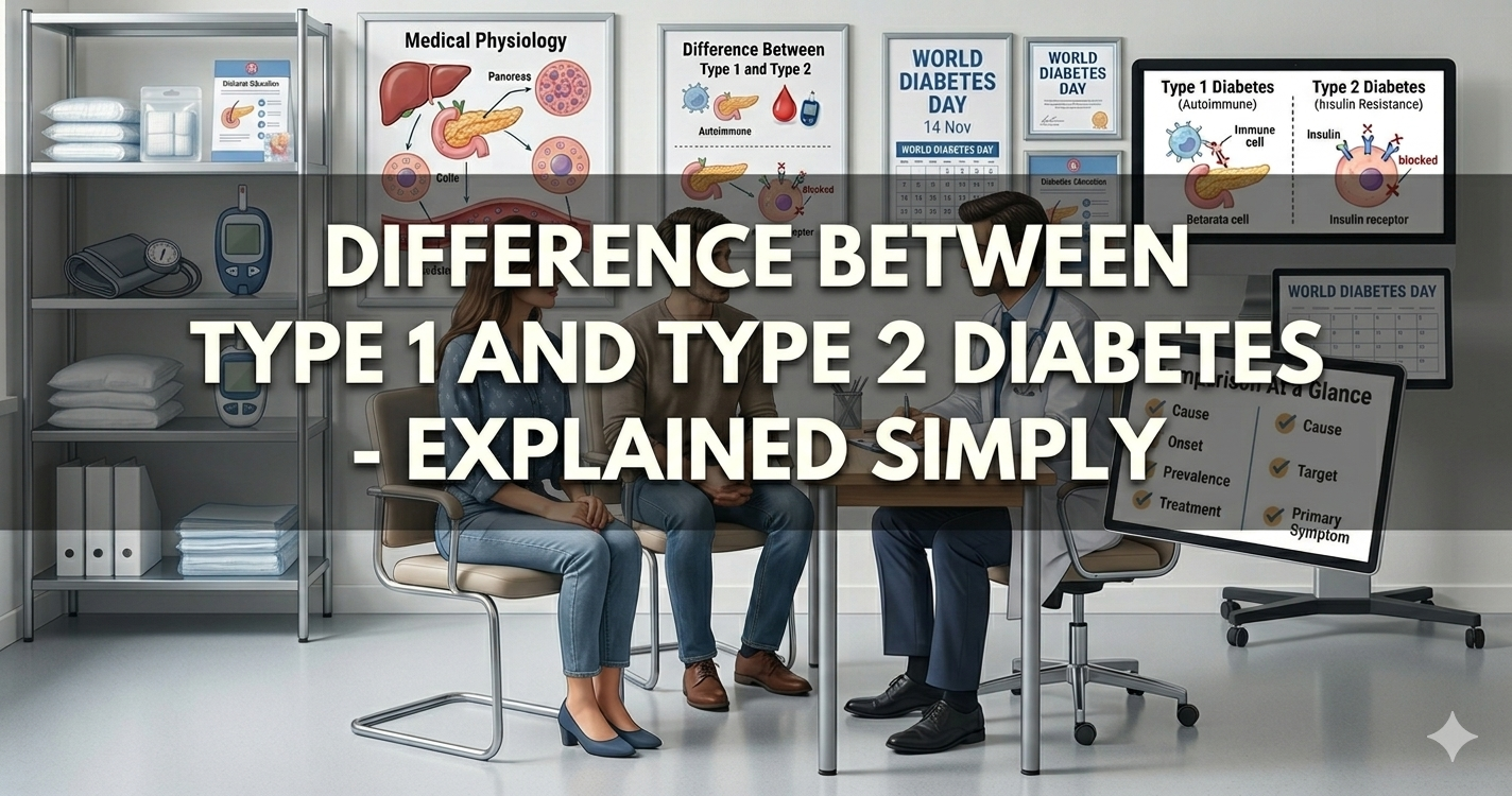 A realistic, wide-angle image set in a clinical doctor's office. In the background, a doctor in a white lab coat sits at a desk across from a young woman and man, explaining medical charts on the wall and a digital monitor that display anatomical diagrams of the pancreas and the mechanisms of Type 1 and Type 2 diabetes. The foreground features a large, semi-transparent grey horizontal banner with the bold, white text: "DIFFERENCE BETWEEN TYPE 1 AND TYPE 2 DIABETES - EXPLAINED SIMPLY". To the left, a medical shelving unit holds supplies and a blood pressure monitor.