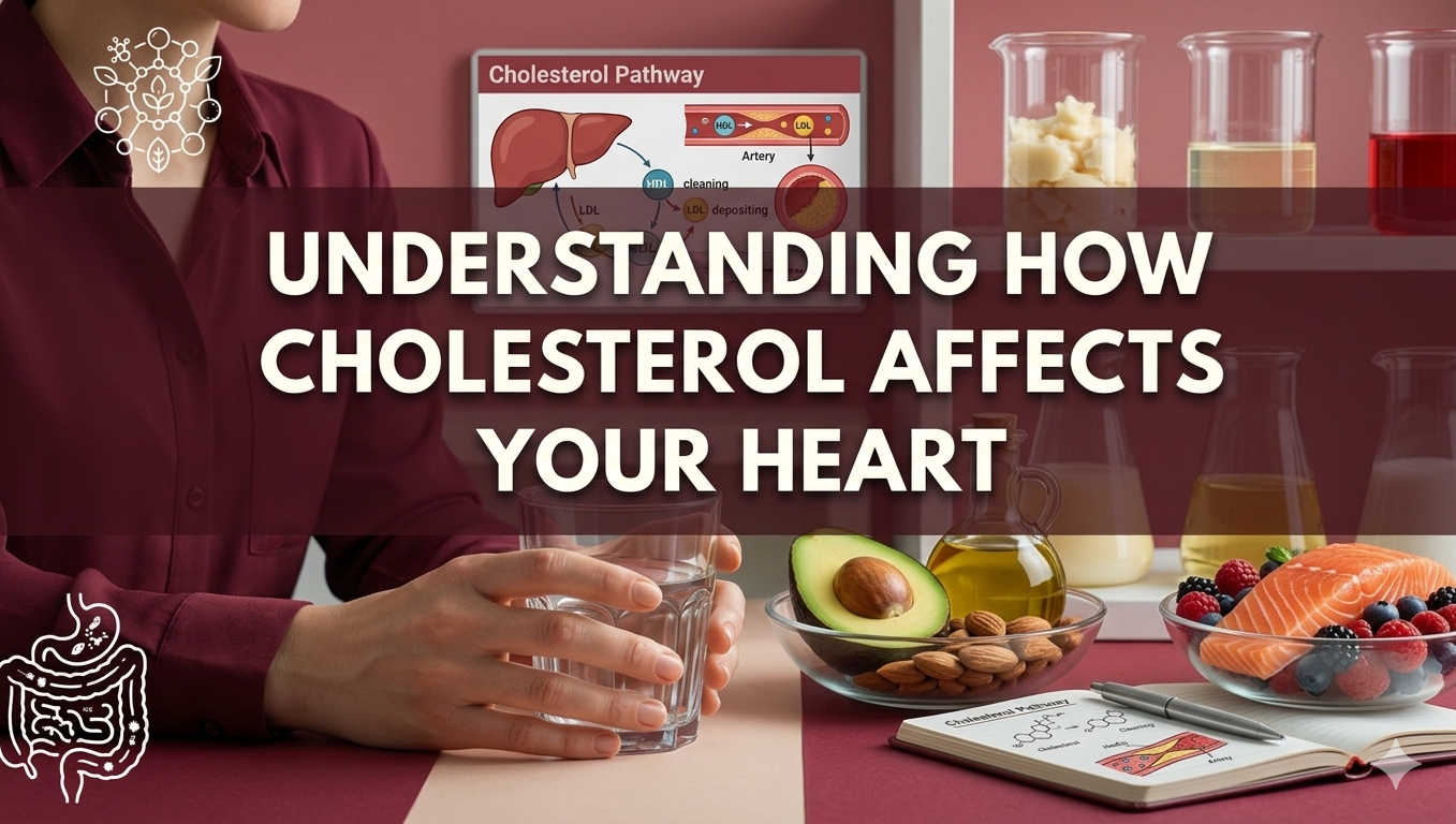An informative graphic titled "UNDERSTANDING HOW CHOLESTEROL AFFECTS YOUR HEART" in bold, white sans-serif text centered over a dark horizontal banner. The scene is set in a modern lab or clinical environment with a warm, burgundy and cream color scheme