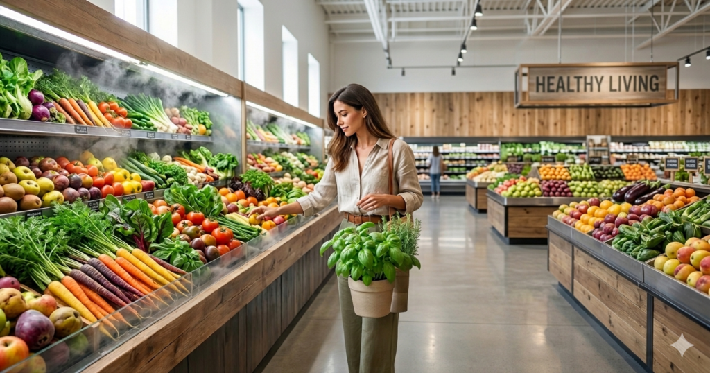 A realistic and spacious blog header image set in a modern, high-end grocery store. A woman with long brown hair, wearing a neutral-toned linen shirt, stands in a wide aisle selecting fresh produce from a vibrant, misted display of carrots, leafy greens, and tomatoes. She holds a potted basil plant in her arms. The background features clean wooden paneling, well-organized fruit bins, and a large overhead sign that reads "HEALTHY LIVING." The overall atmosphere is bright, airy, and focused on fresh, natural food choices.