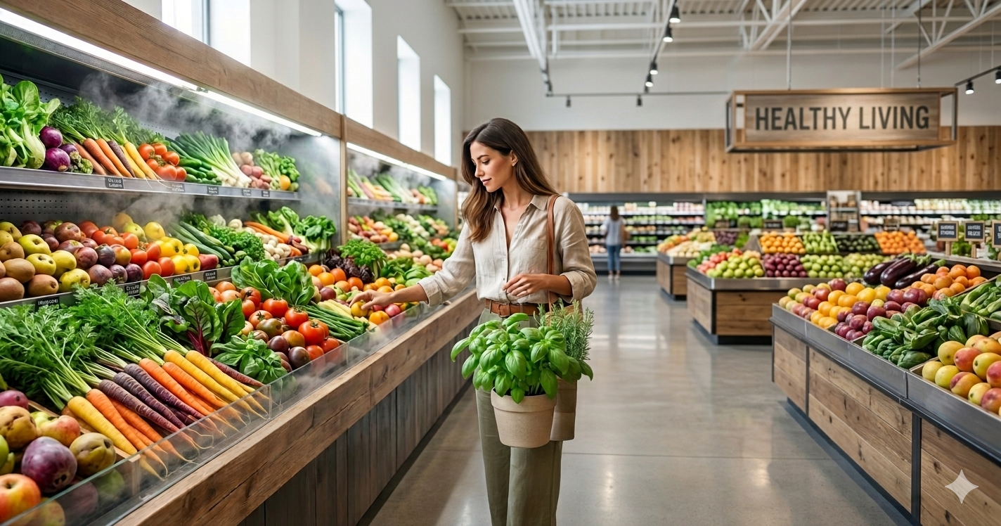 A realistic and spacious blog header image set in a modern, high-end grocery store. A woman with long brown hair, wearing a neutral-toned linen shirt, stands in a wide aisle selecting fresh produce from a vibrant, misted display of carrots, leafy greens, and tomatoes. She holds a potted basil plant in her arms. The background features clean wooden paneling, well-organized fruit bins, and a large overhead sign that reads "HEALTHY LIVING." The overall atmosphere is bright, airy, and focused on fresh, natural food choices.
