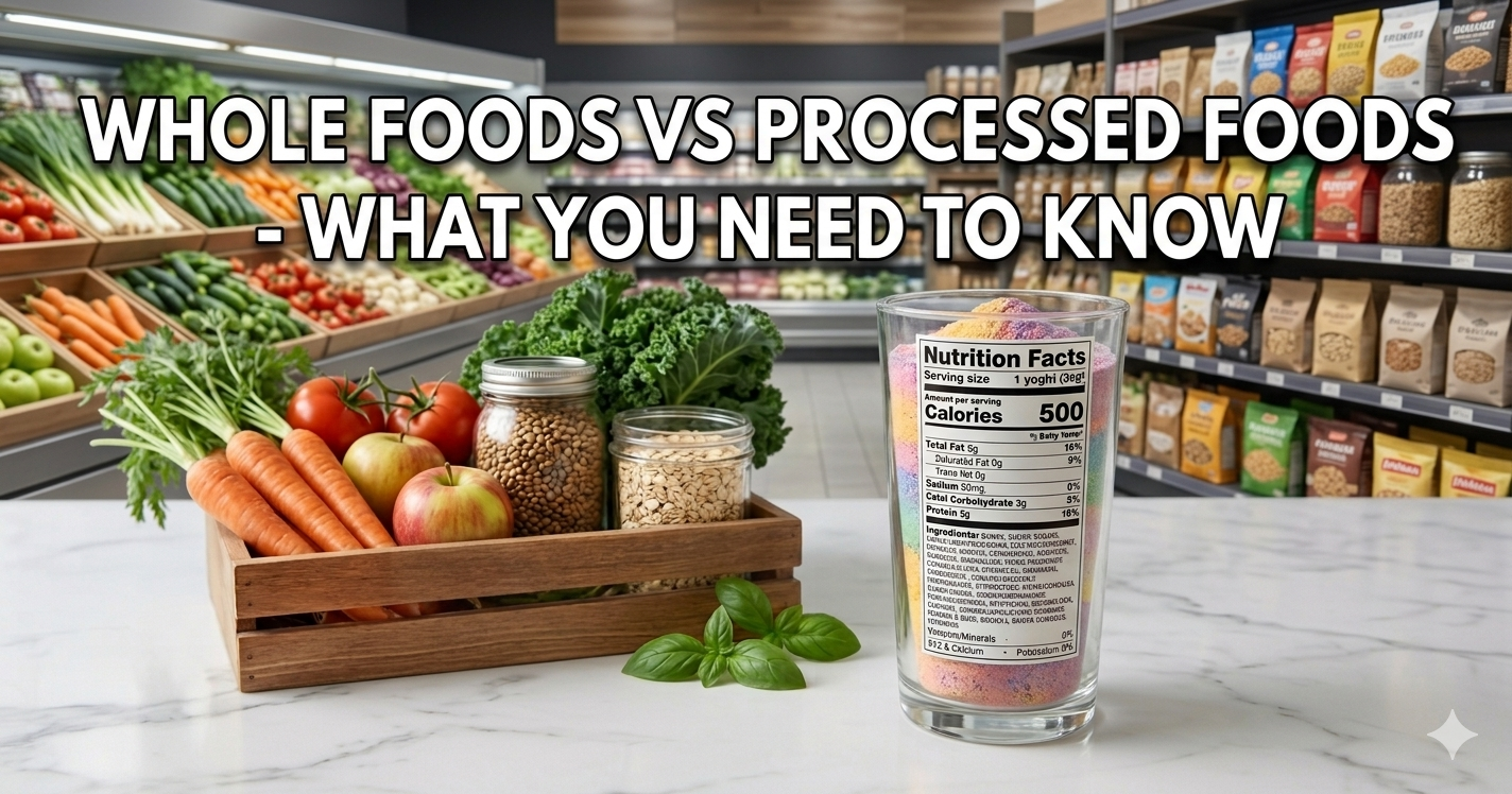 A professional blog header image comparing whole and processed foods, set in a brightly lit supermarket. The background shows blurred aisles of fresh produce on the left and packaged goods on shelves on the right. In the foreground, on a white marble surface, sits a rustic wooden crate filled with fresh carrots, tomatoes, apples, kale, and jars of lentils and grains. Next to it is a clear glass containing colorful processed cereal with a large "Nutrition Facts" label displayed on the front. Centered at the top in bold, white text with a black outline is the title: "WHOLE FOODS VS PROCESSED FOODS - WHAT YOU NEED TO KNOW.