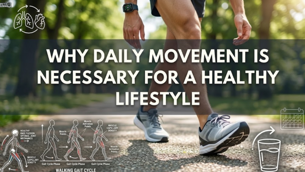An action-oriented health graphic titled "WHY DAILY MOVEMENT IS NECESSARY FOR A HEALTHY LIFESTYLE" in bold, white sans-serif text centered over a dark horizontal banner