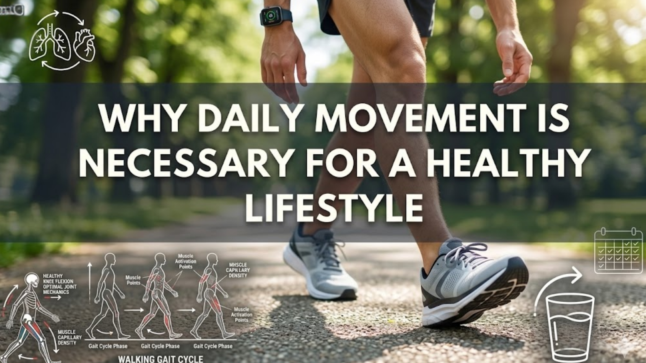 An action-oriented health graphic titled "WHY DAILY MOVEMENT IS NECESSARY FOR A HEALTHY LIFESTYLE" in bold, white sans-serif text centered over a dark horizontal banner