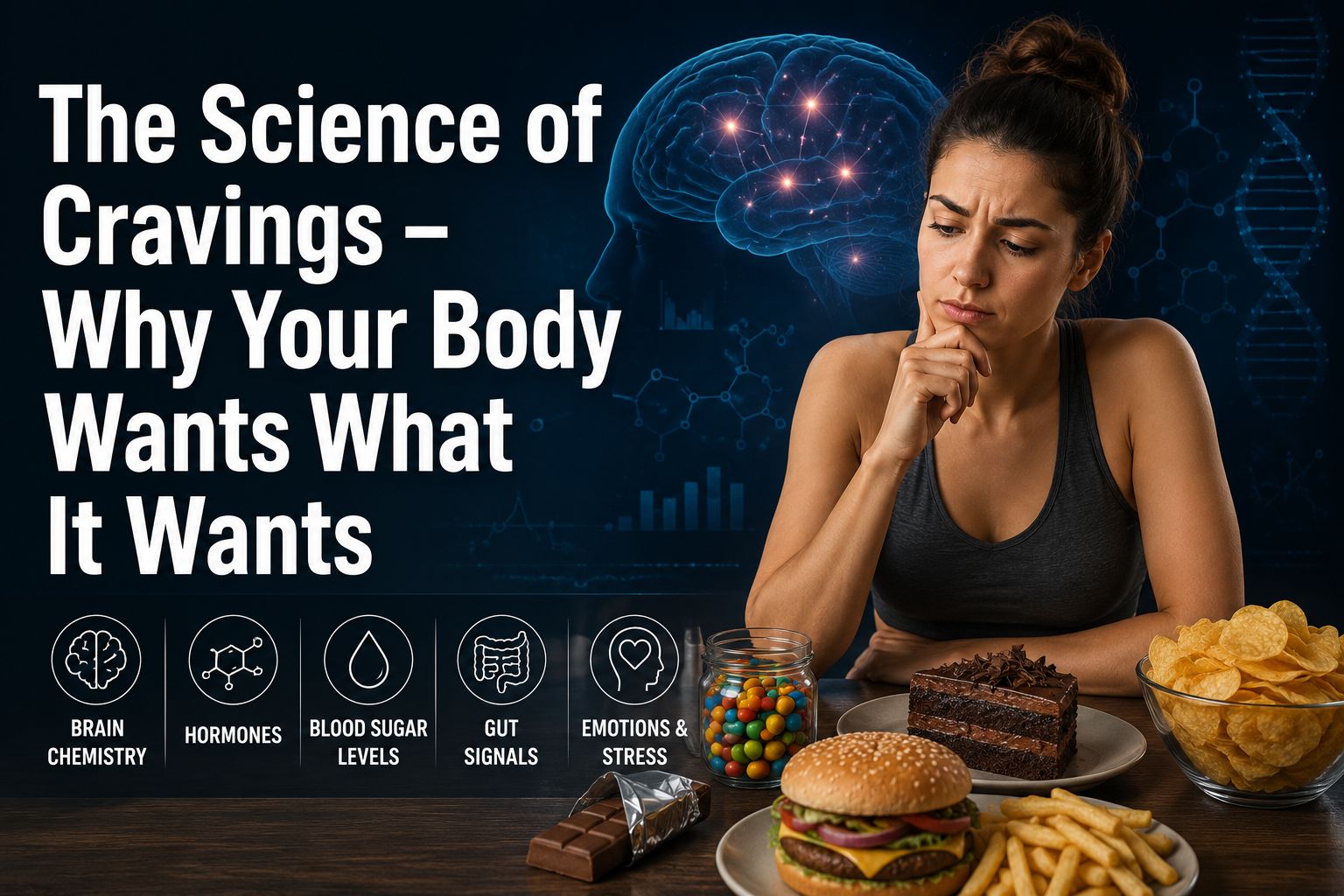 An infographic on the science of cravings showing a woman looking at junk food with icons for brain chemistry, hormones, and stress.