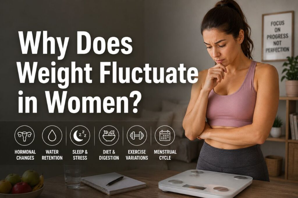 Girl in gym wear thinking why does weight fluctutate in women