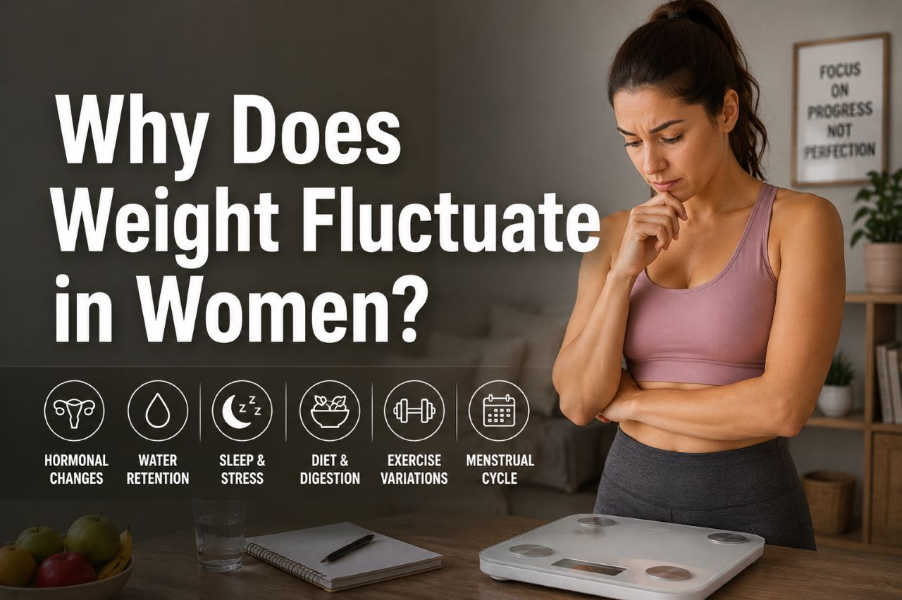 Girl in gym wear thinking why does weight fluctutate in women