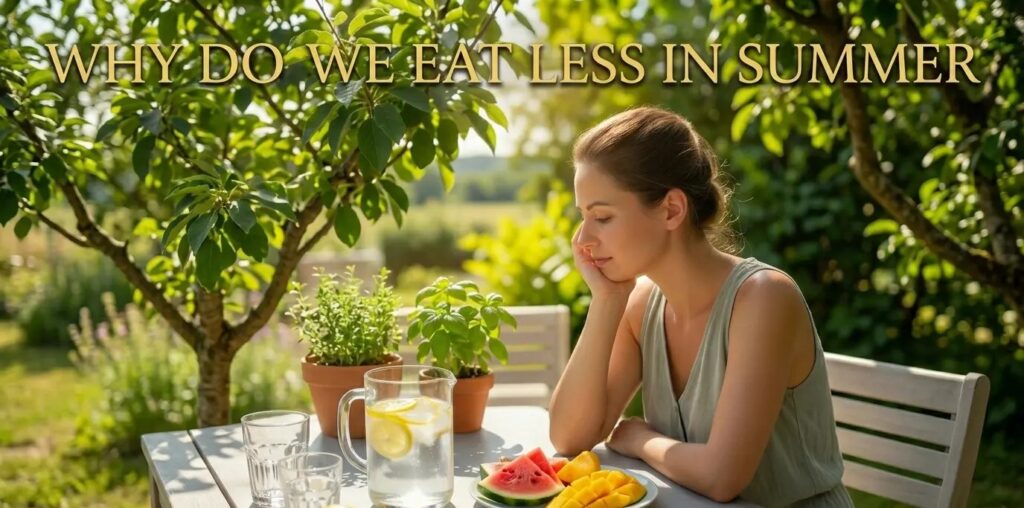 A woman sitting outdoors with fruit, featuring the text: why do we eat less in summer.